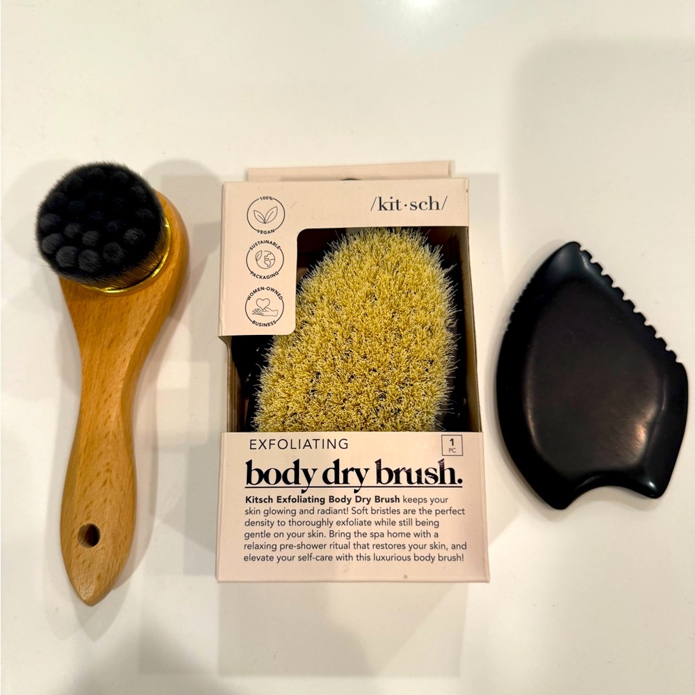 Dry brush, facial brush, and gua sha massage tool
